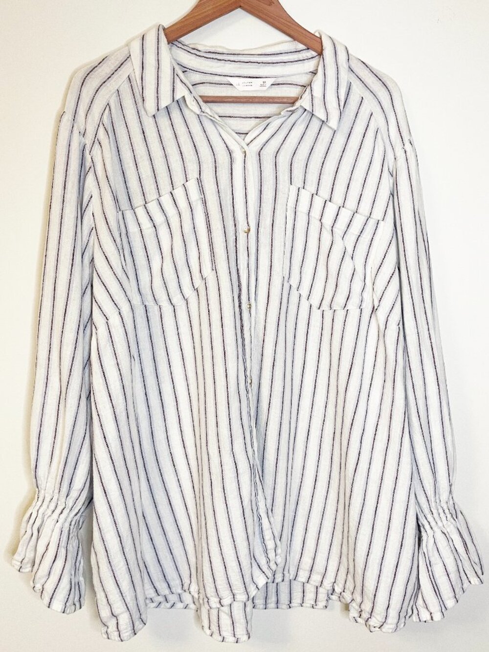 LC Lauren Conrad 3X Linen Blend Striped Button Down Bell Sleeve Top Coastal